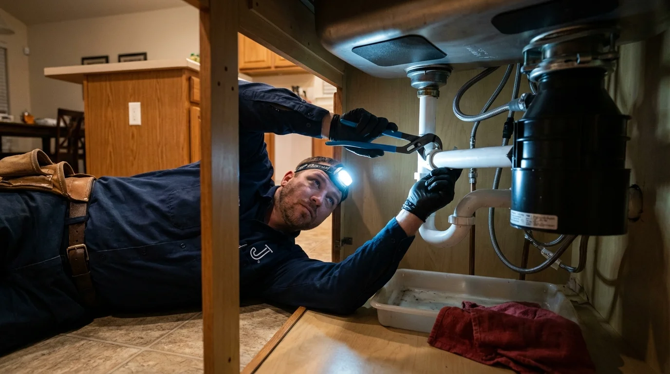 P-trap and supply line connections under a kitchen sink showing a common leak point in Imperial, PA